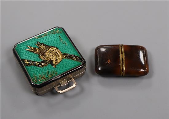 A sterling and enamel eight-day travelling clock and a Laco gilt metal and faux tortoiseshell clock